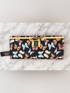 Rebecca & Rifka B1261S Black Butterfly Print Clutch Gold Chain NWT